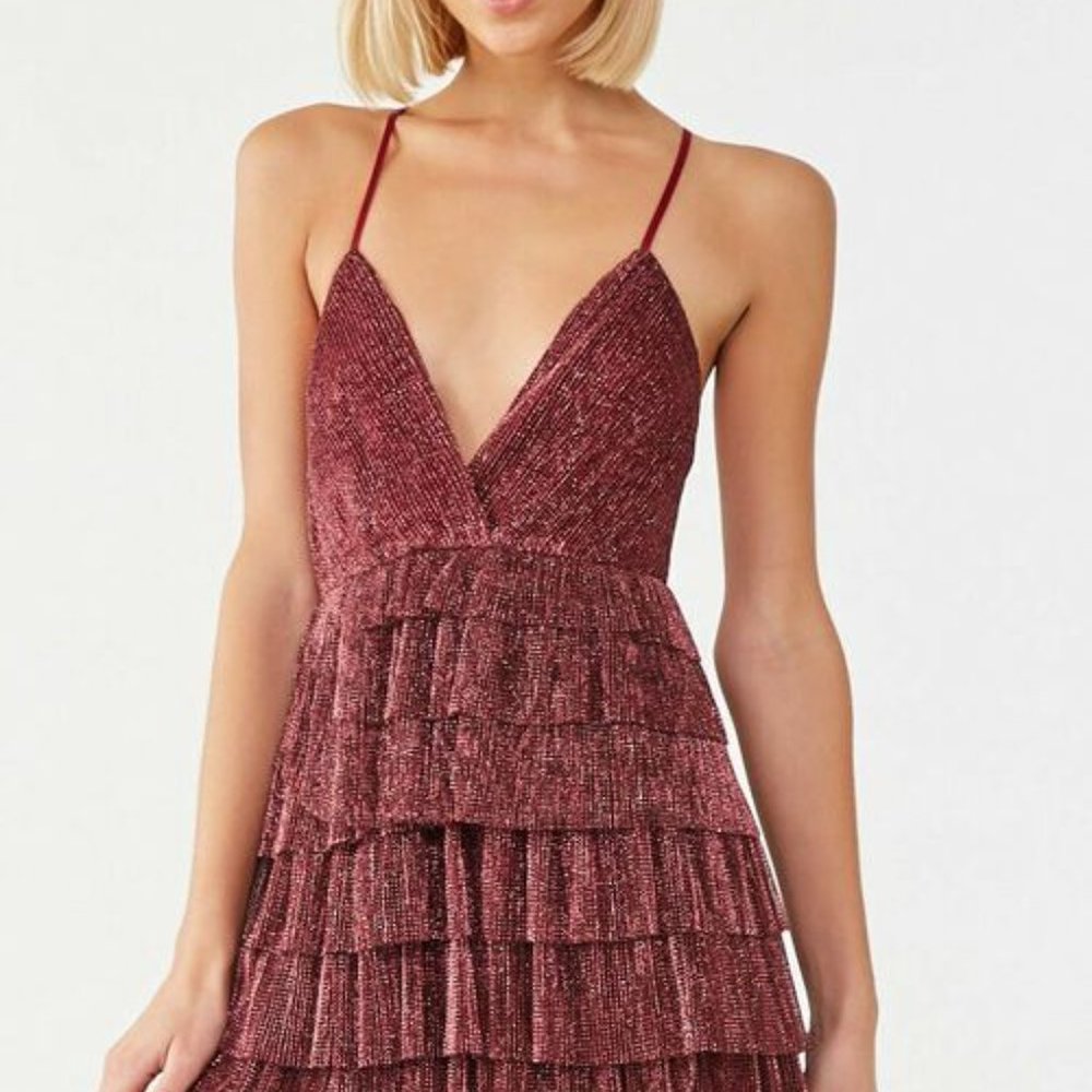 Forever 21 Red Metallic Sparkle Mini Ruffle Dress